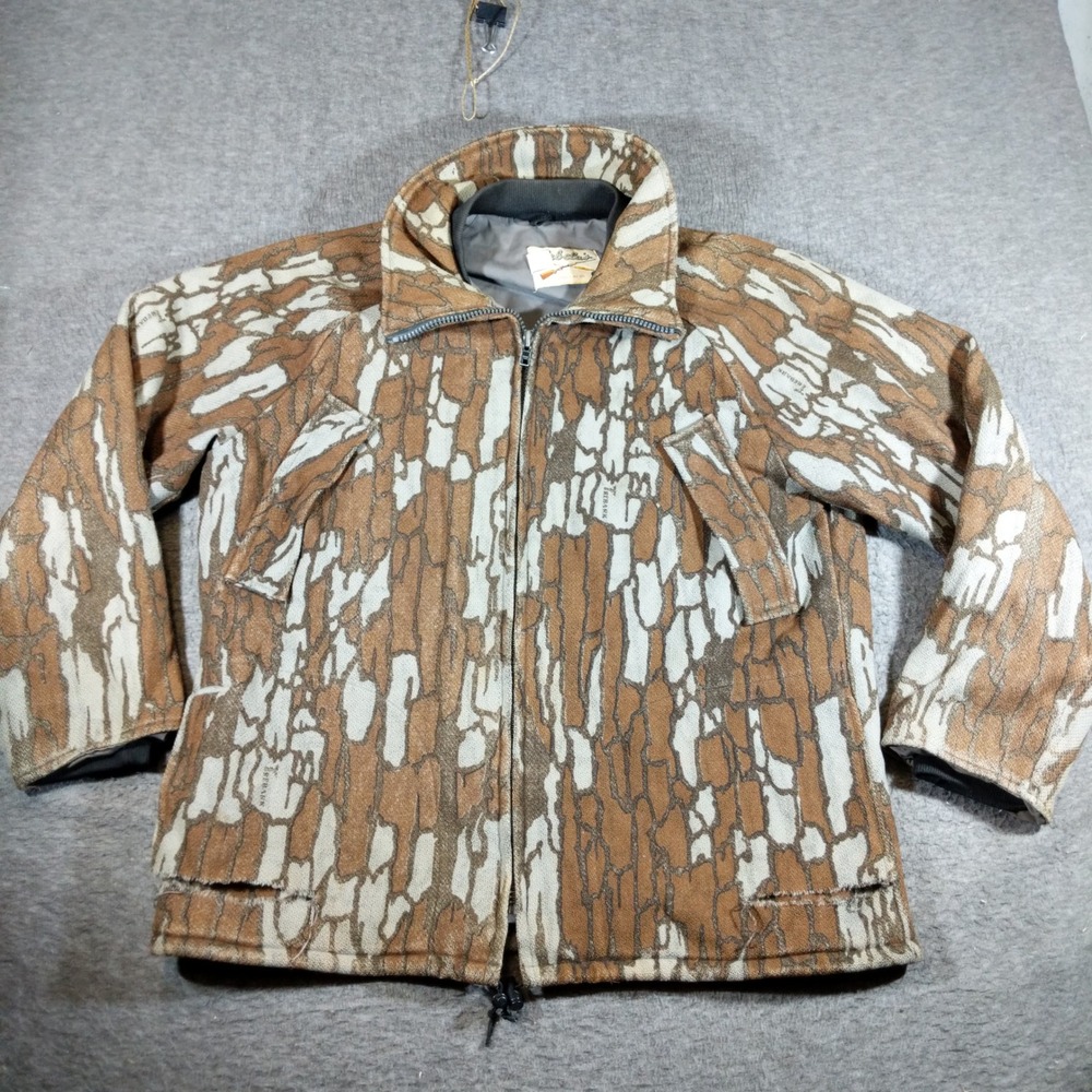 Vintage Cabelas Trebark Bark Wool Camo Jacket Mens L Brown Distressed USA Made